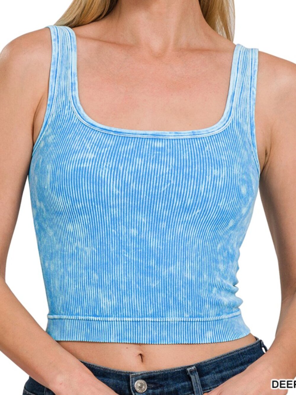 2-Way Neckline Washed Ribbed Seamless Tank Top in Deep Sky Blue